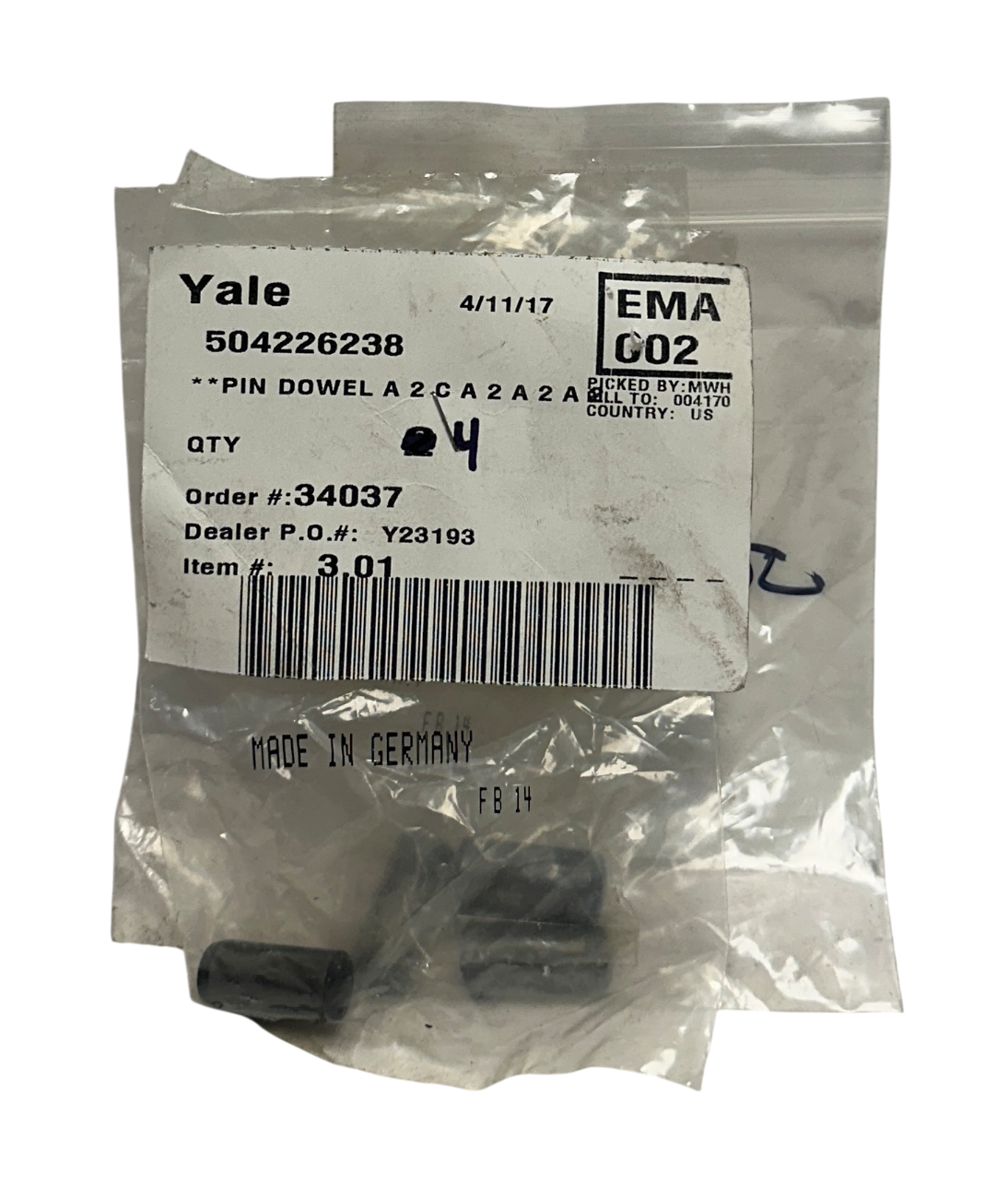 Used 4 YALE 504226238 / YT504226238 OEM DOWEL PINS FOR FORKLIFT NSNP