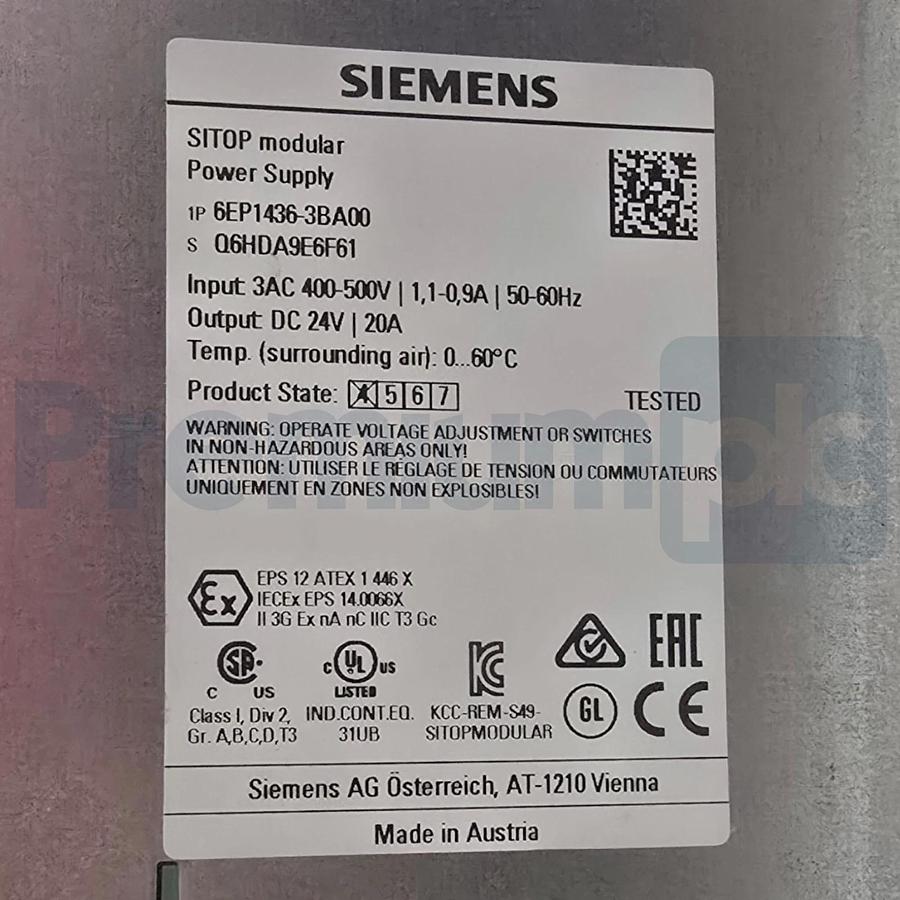 Siemens 6EP1436-3BA00 SITOP Modular Power Supply 3Ph 400-500VAC 24VDC 20A NSMP