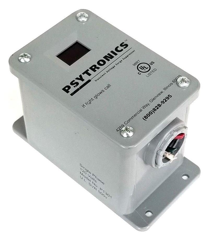 Used PSYTRONICS P1301 SINGLE PHASE SURGE SUPPRESSOR 120 VOLTS, U.L. SVR 500V