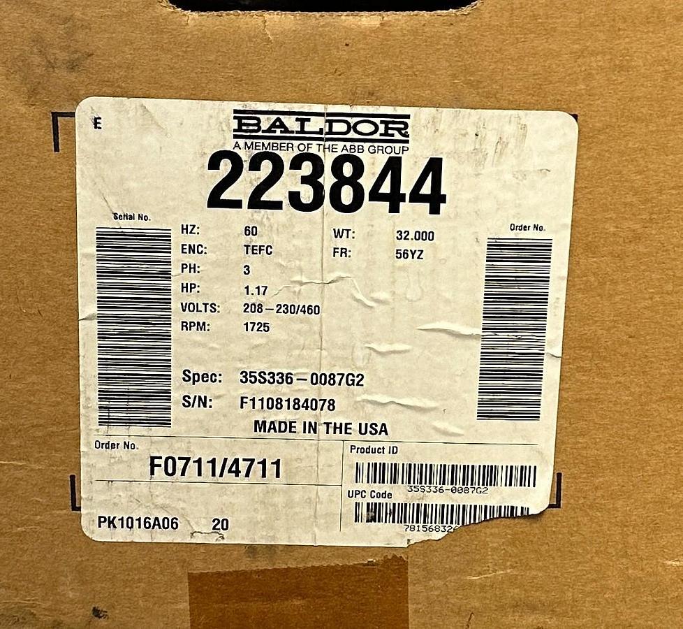 Used BALDOR 35S336-0087G2 / 223844 LIGHTNIN ELECTRICAL MOTOR 1.17HP 3PH TEFC NSMP