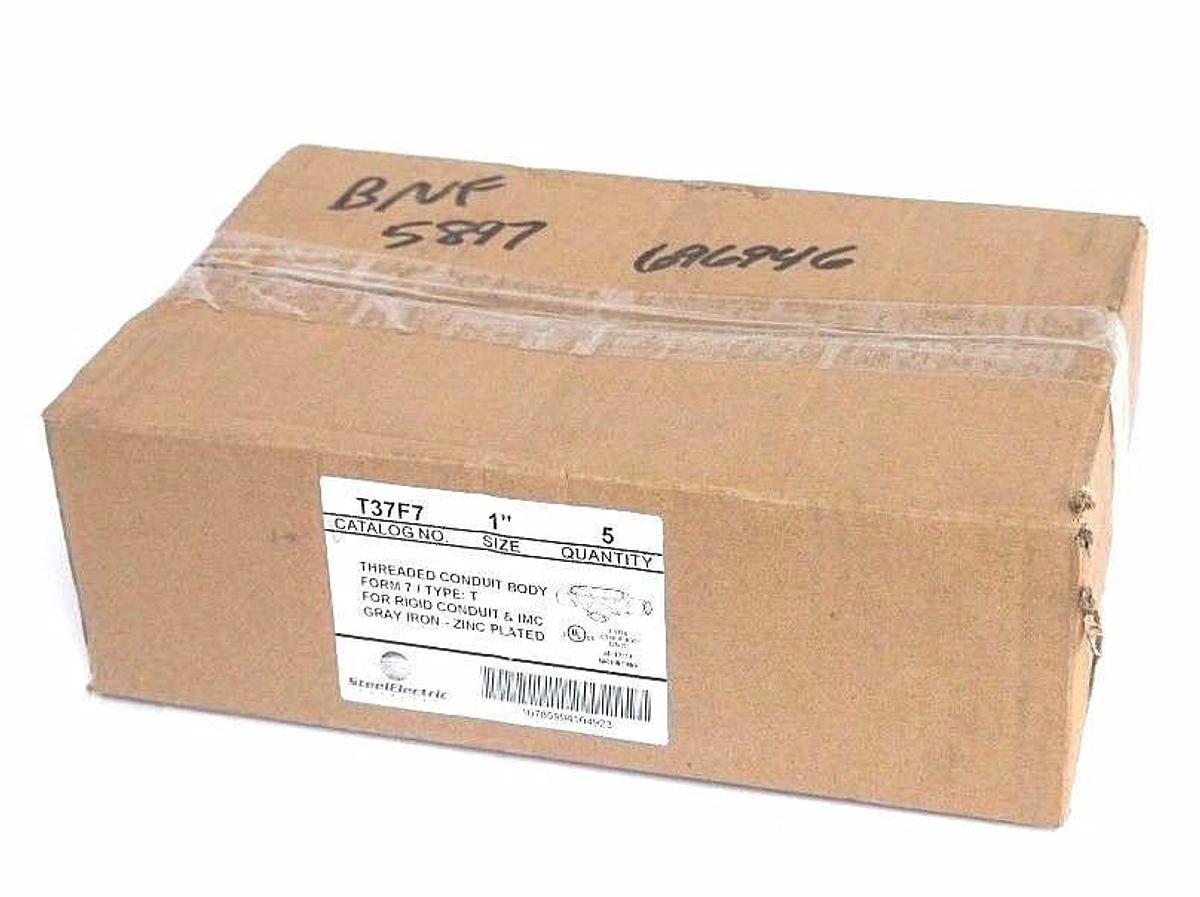 BOX OF 5 NEW STEEL ELECTRIC T37F7 1" THREADED CONDUIT BODIES FORM 7, TYPE T, T37