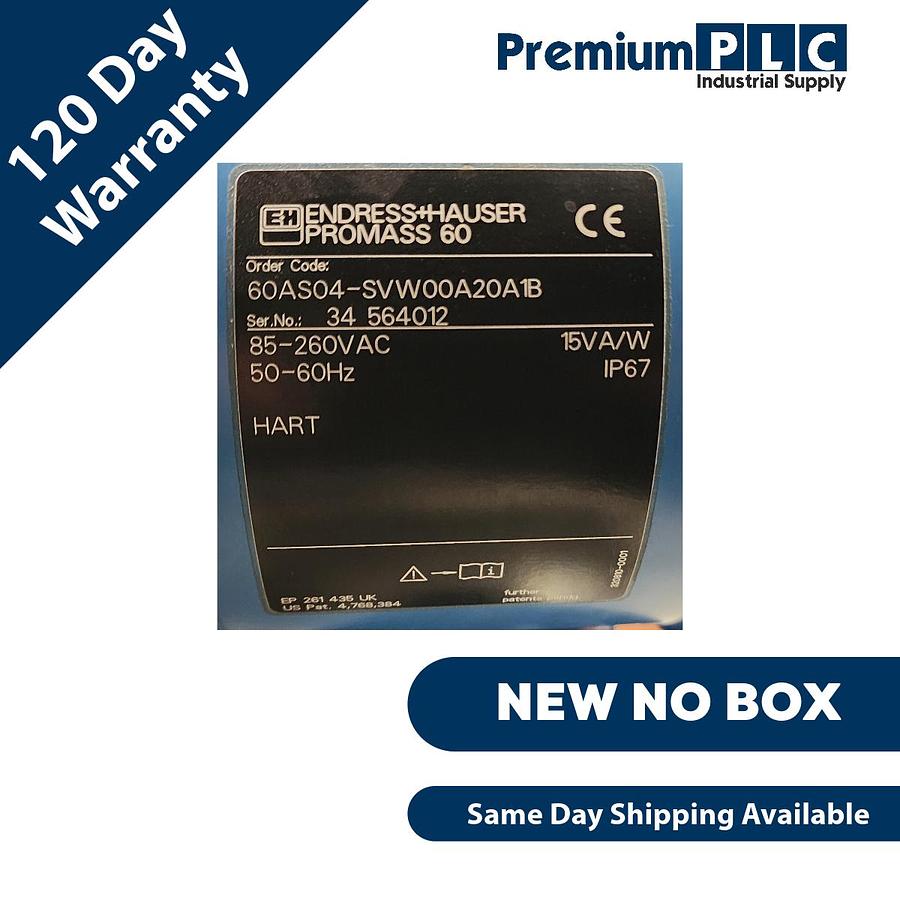 Used NEW ENDRESS+HAUSER PROMASS 60A MASS FLOWMETER W/HART 60AS04-SVW00A20A1B