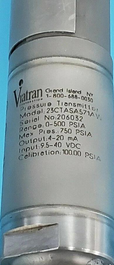 Used VIATRAN 23CTASA571AW PRESSURE TRANSMITTER ASSEMBLY, RANGE: 0-500 PSIA