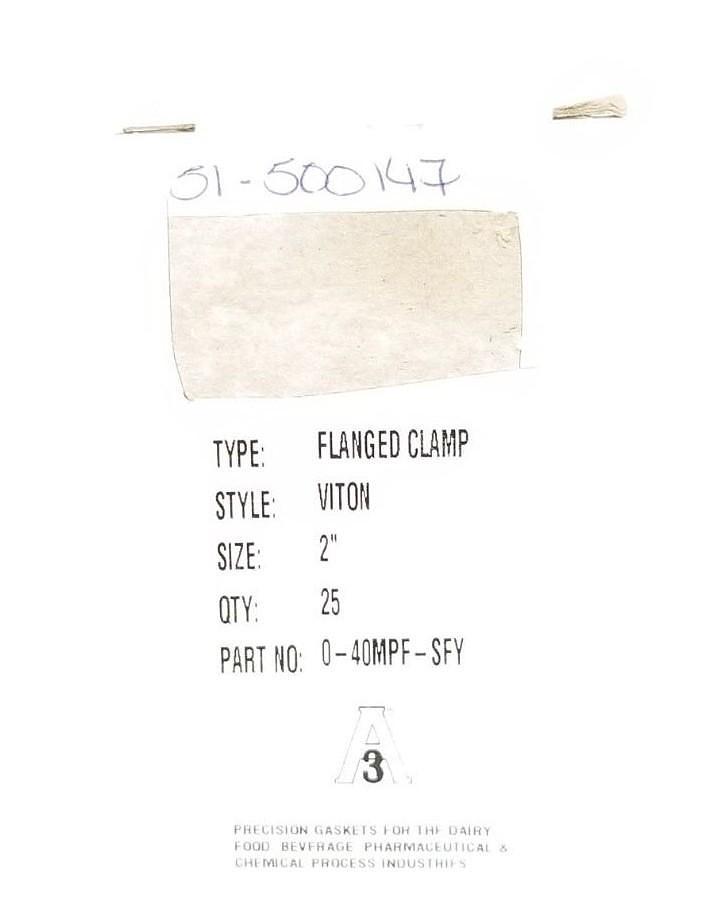 Used LOT OF 25 PURESERVE SYSTEMS A3 P/N: 0-40MPF-SFY FLANGED CLAMP GASKETS 2''