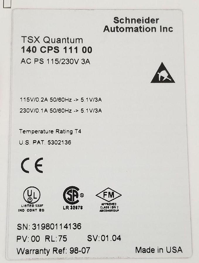 Used SCHNEIDER AUTOMATION 140 CPS 111 00 POWER SUPPLY 115/230V 3A PV: 00 RL: 75