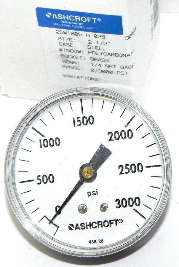 Used NIB ASHCROFT 25W1005 H 02B 3000 GAUGE SIZE: 2-1/2'', CONN: 1/4 NPT BACK