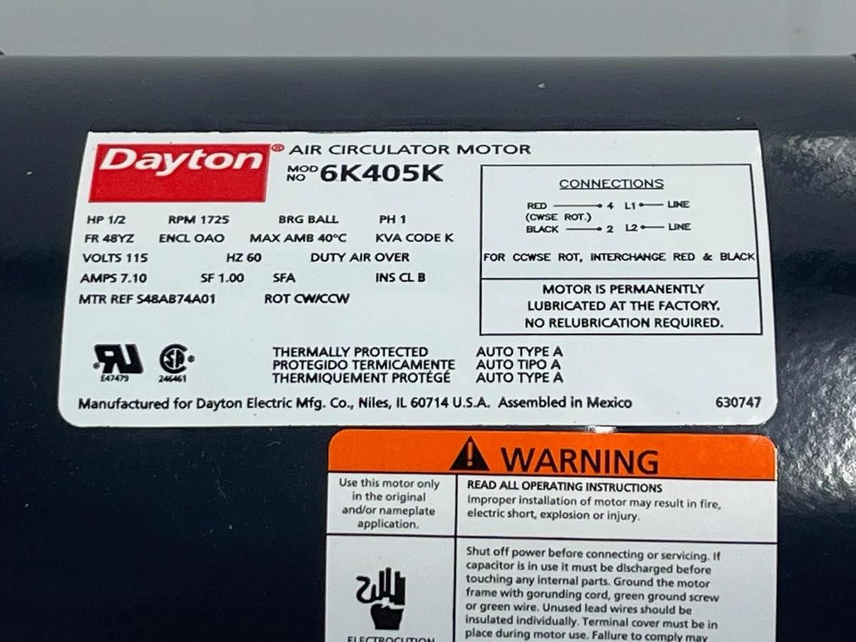 Dayton 6K405K Air Circulator Motor 1/4 HP 115V 1100RPM 48YZ Frame OSC/NON-OSC