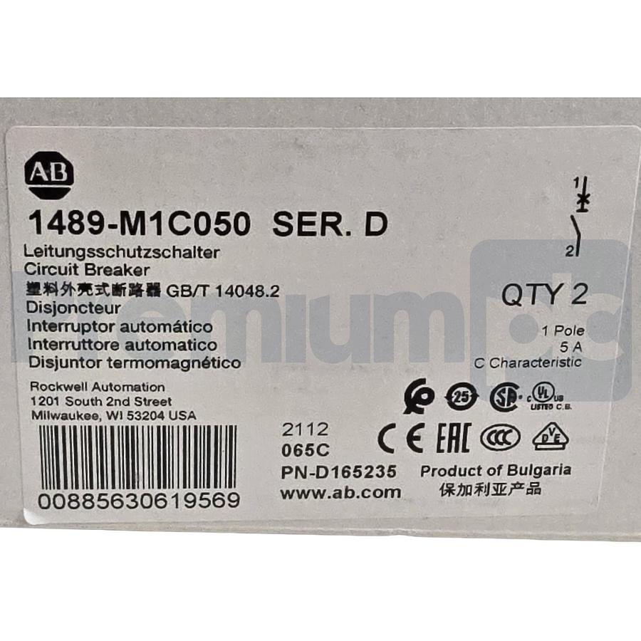 Box of 2 Allen-Bradley 1489-M1C050 /D Circuit Breaker, 1 Pole, 5A, C-Curve NSMP 885630619569