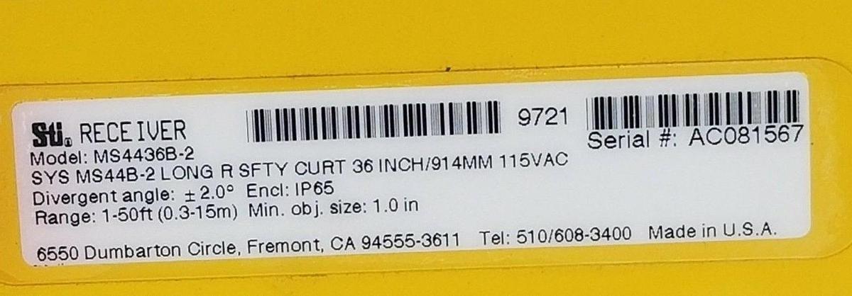 Used SET OF STI MODEL: MS4436B-2 LIGHT CURTAIN SET SYS MS44B-2 36 IN. 914MM 115VAC