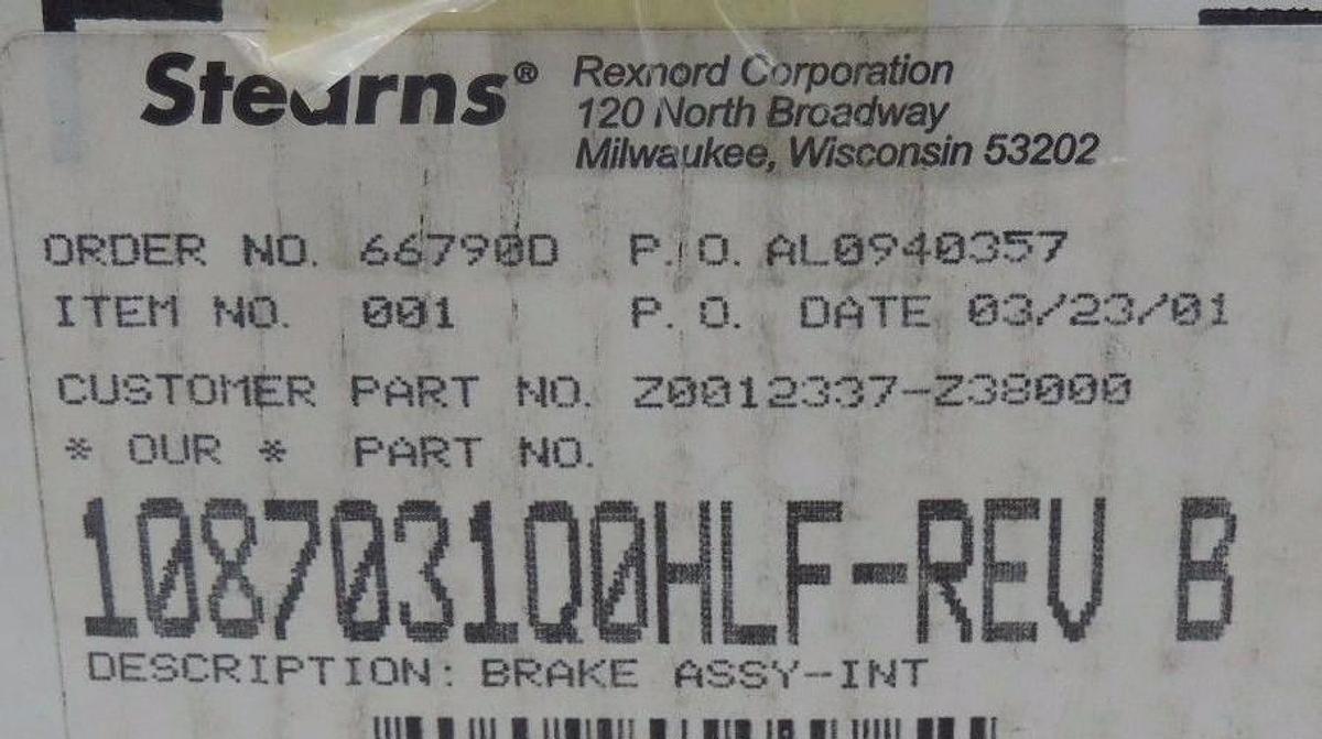Used REXNORD STEARNS 1087031Q0HLF REV. B 87000 BRAKE ASSY-INT 25 LB-FT 380/460V NSMP
