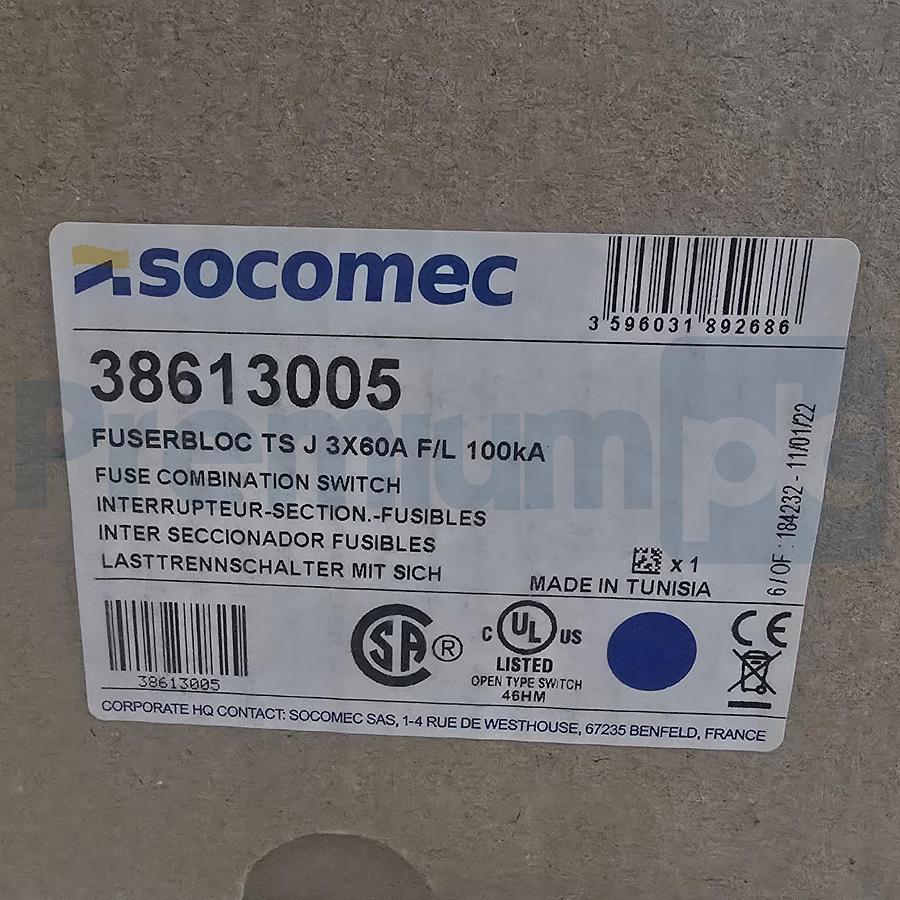 Used Socomec 38613005 Fuserbloc TS J 3X60A Switch w/ 37297540 NFPA79 Handle Kit NEW