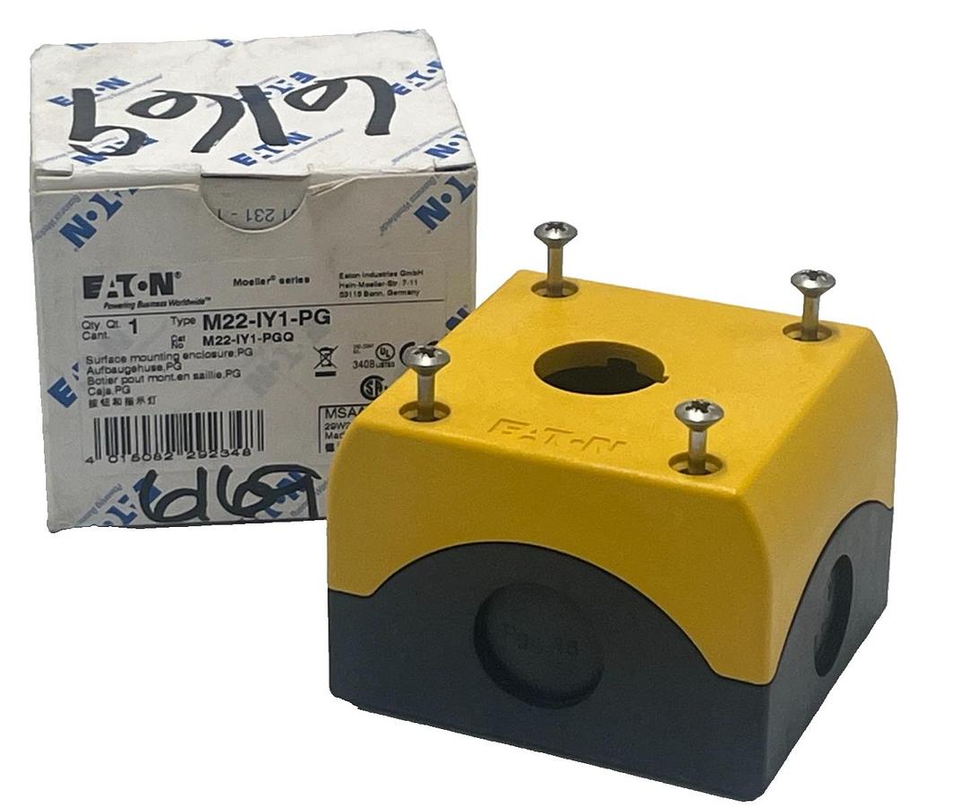 Used EATON M22-IY1-PG Yellow Pushbutton Enclosure 1 Hole 22mm NEMA 4X IP67 NSMP
