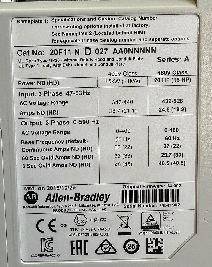 Used ALLEN BRADLEY 20F11ND027AA0NNNNN /A PowerFlex 753 AC DRIVE 15kW/20HP 432-528V