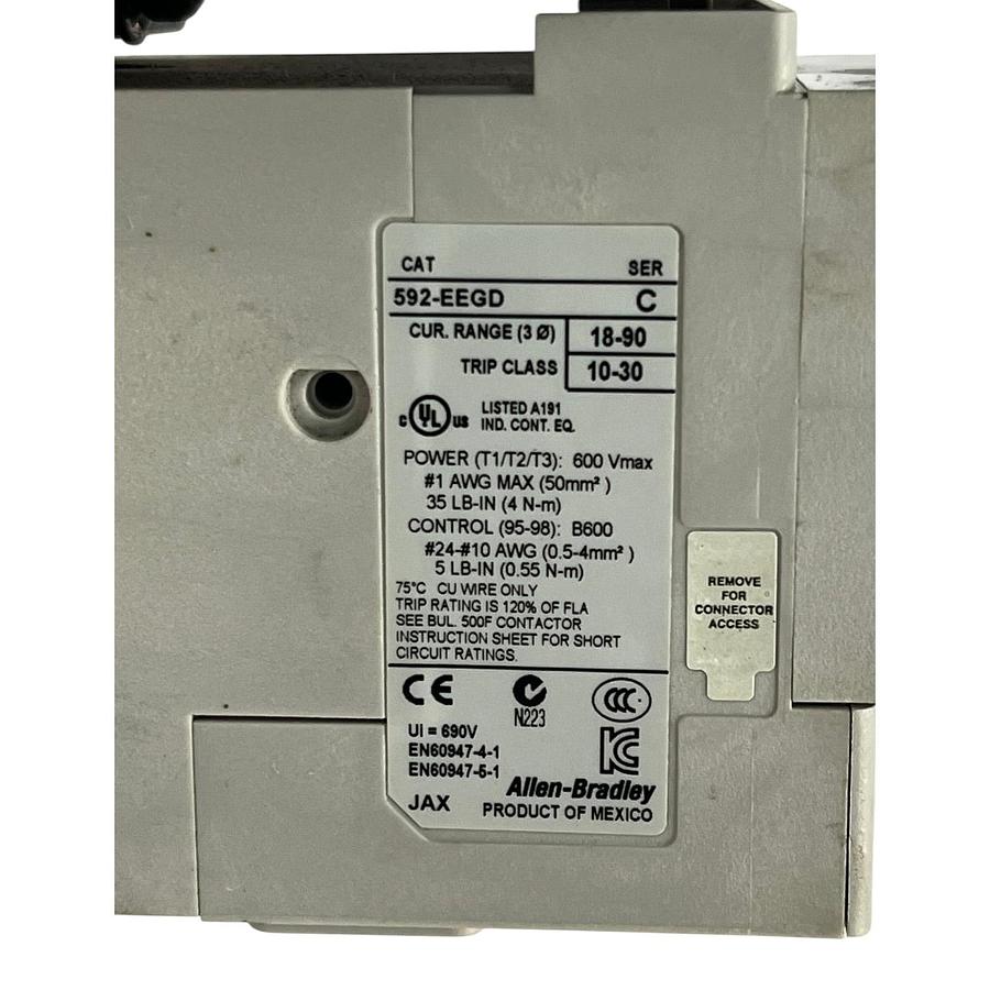 Used Allen-Bradley 509-DOD-XXX /A Size 3 Starter 90A 110/120V Coil  w/ 592-EEGD Relay