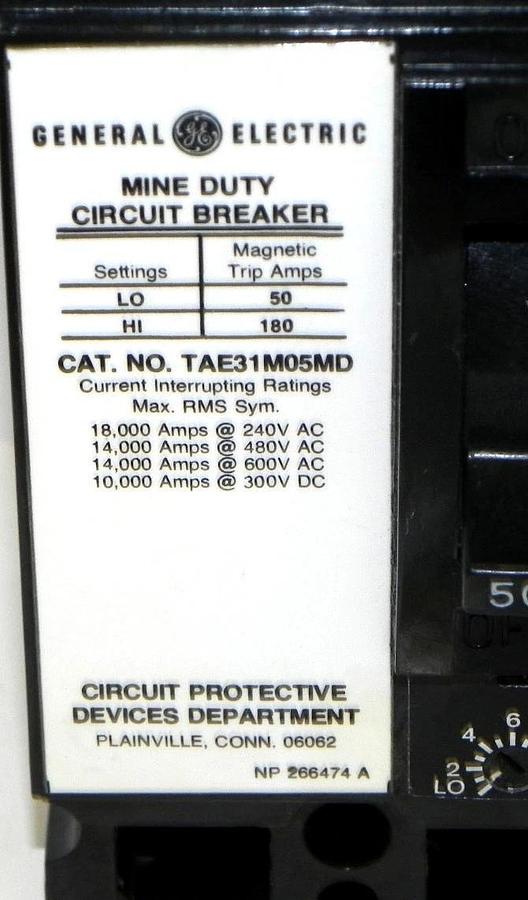 Used GENERAL ELECTRIC TAE31M05MD CIRCUIT BREAKER 50AMP 3POLE 600VAC