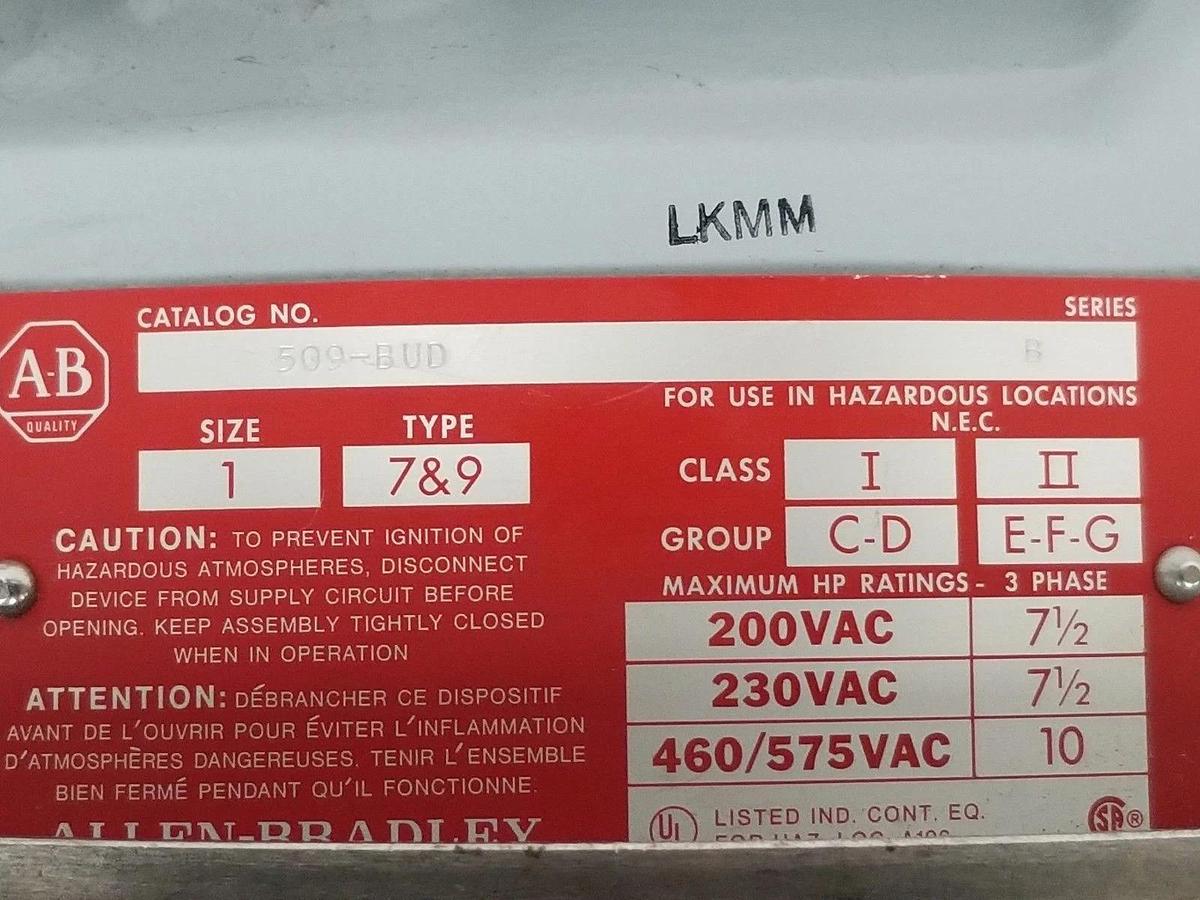 NEW ALLEN BRADLEY 509-BUD FULL VOLTAGE STARTER SER B, 115-120V, PHASE 3