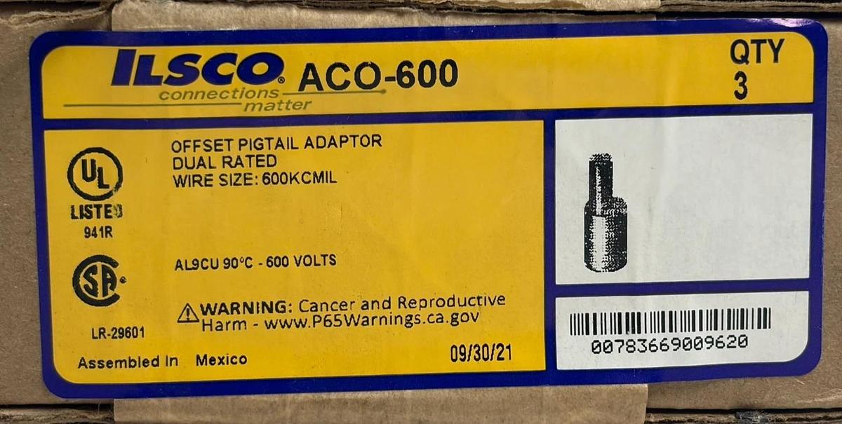 ILSCO ACO-600 Offset Pigtail Adaptor Conductor Size 600KCMIL Box of 3