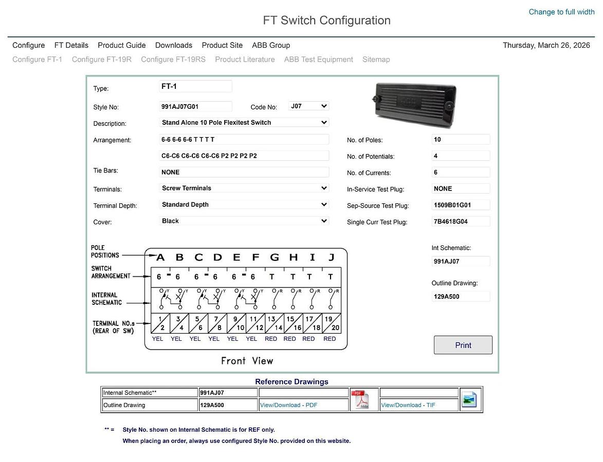 Used ABB 991AJ07G01 B | FT-1 Stand Alone 10-Pole Flexitest Test Switch Code: FT1-J07