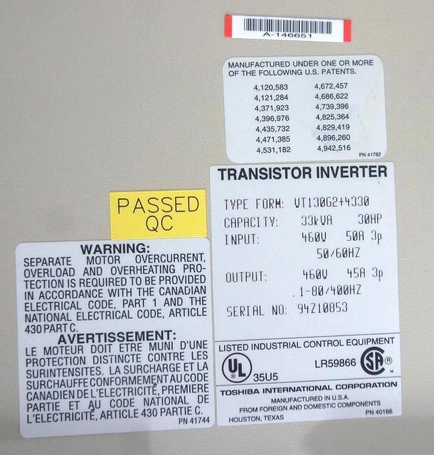 Refurbished TOSHIBA VT130G2-4330 TOSVERT-130G2+ TRANSISTOR INVERTER 30HP 45A PROF. REPAIRED