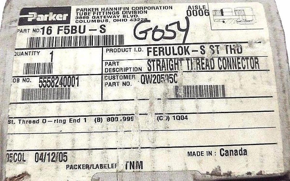 BOX OF 2 NEW PARKER 16 F5BU-S STRAIGHT THREAD CONNECTOR 16 BU-S