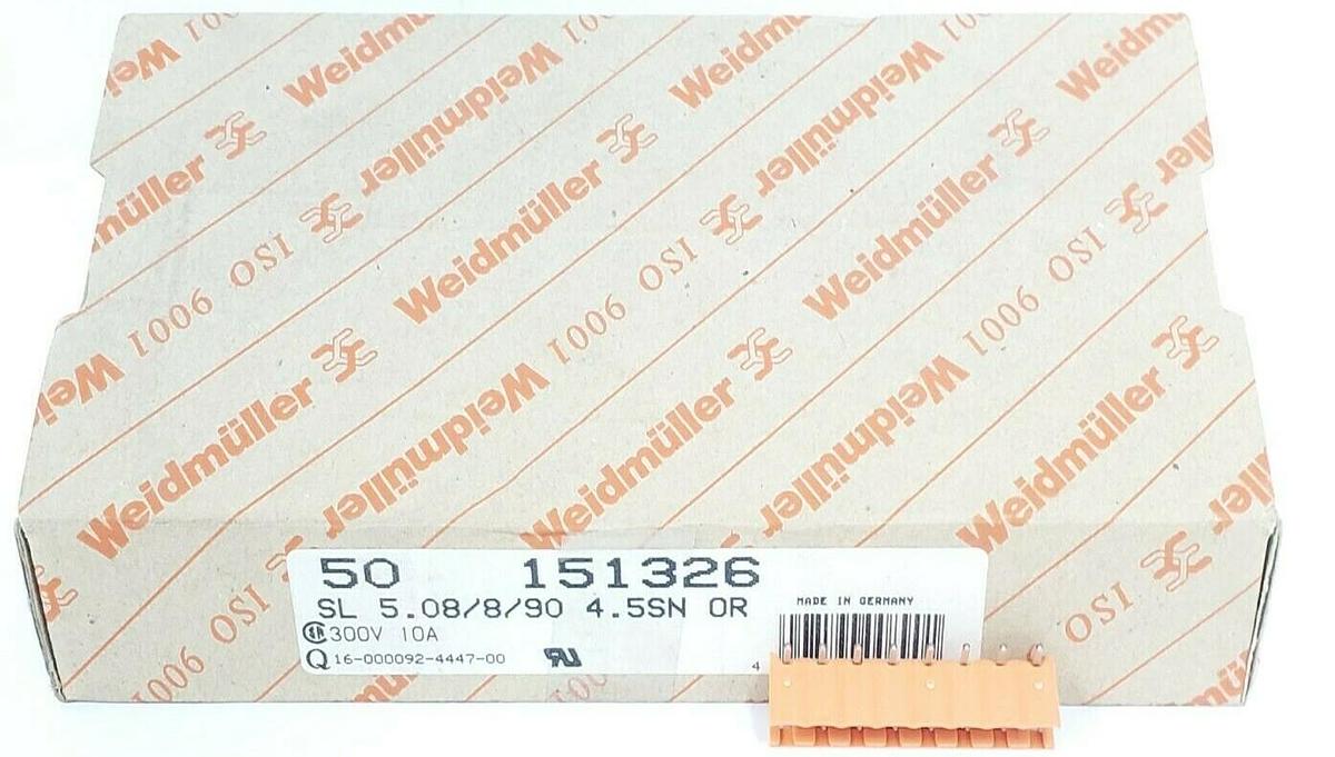 Used BOX OF 50 NEW WEIDMULLER 151326 CONNECTORS SL 5.08/8/90 4.5SN OR, 300V 10A