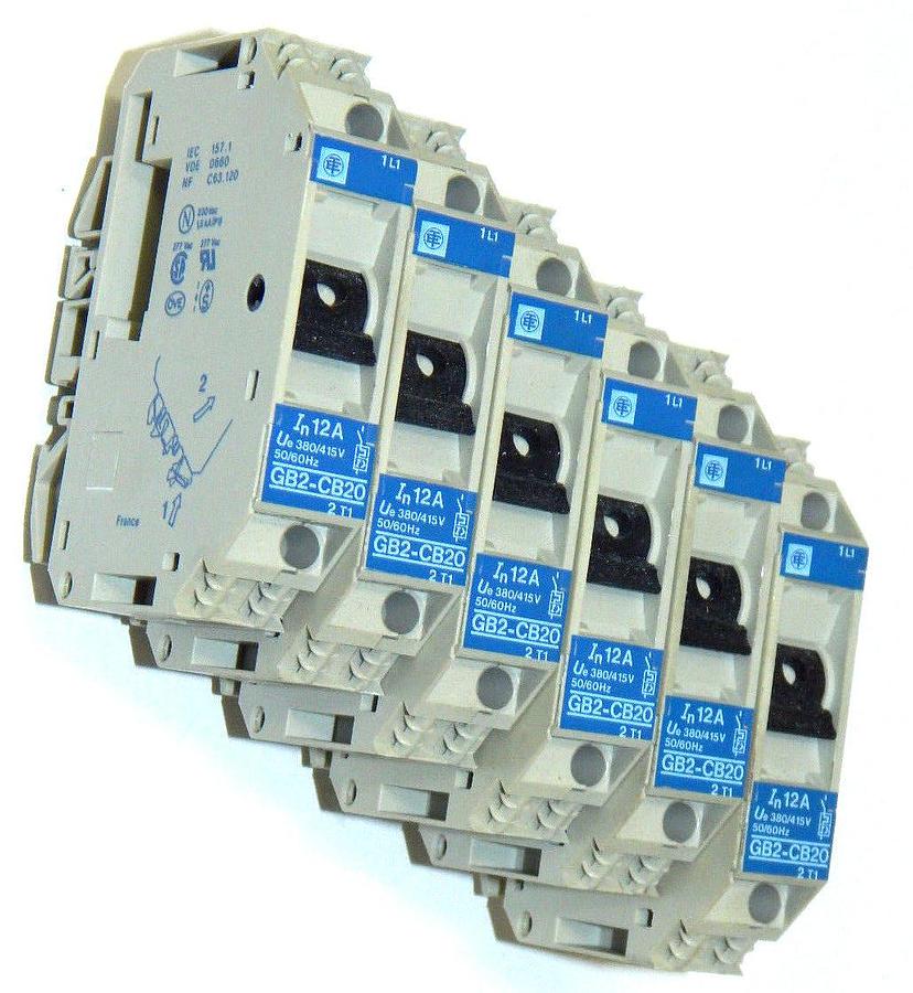 Used NEW, QTY OF 6, TELEMECANIQUE GB2-CB20 12A CIRCUIT PROTECTORS GB2CB20
