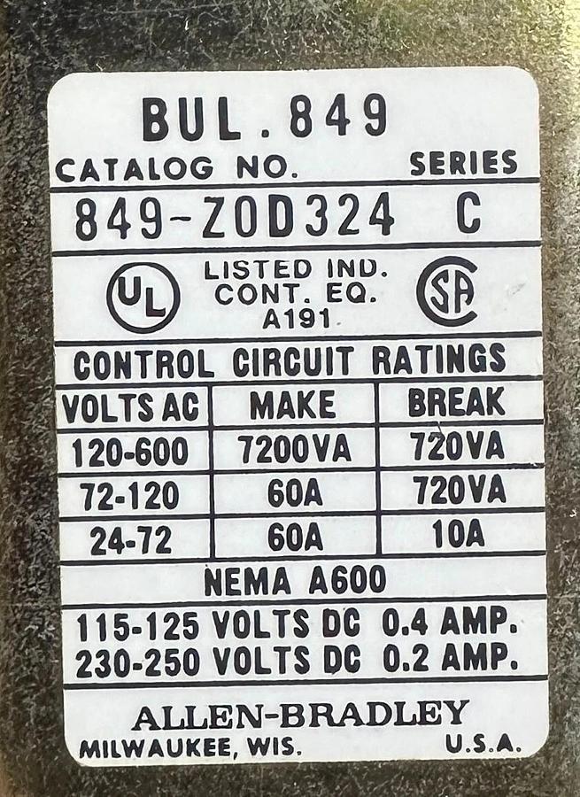 Used ALLEN BRADLEY 849-ZOD324 /C PNEUMATIC TIMING RELAY NEMA A600 849ZOD324