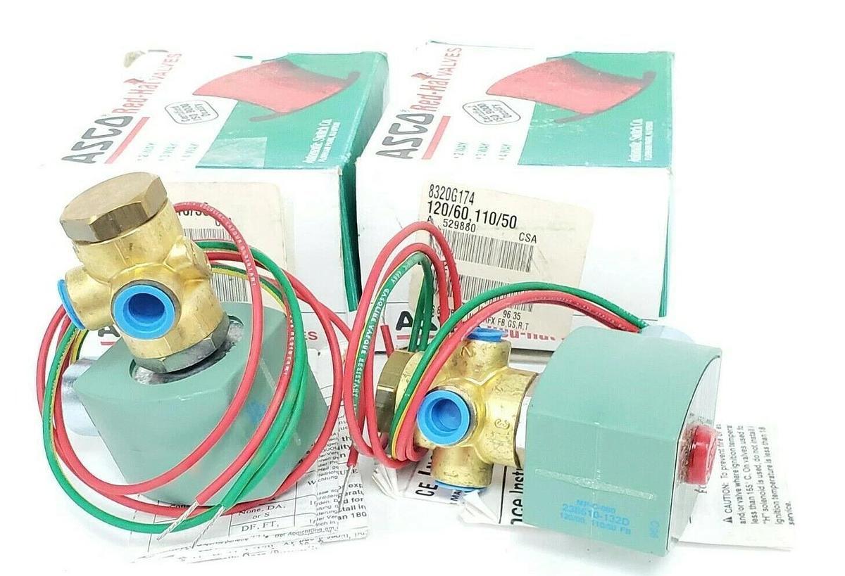 (2) NIB ASCO 8320G174 SOLENOID VALVES 120/60 - 110/50, 1/4 PIPE, 17.1 WATTS