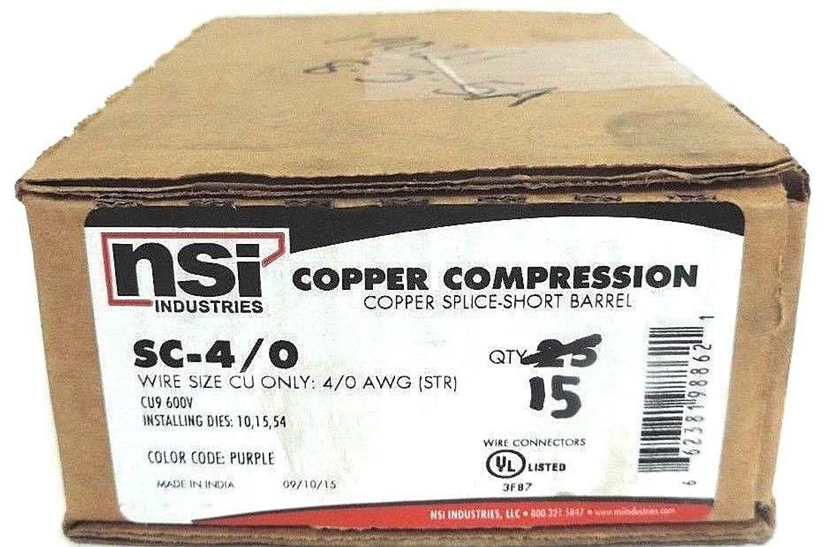 Used NIB NSI SC-4/0 COPPER COMPRESSION SPLICE SHORT BARREL - QTY 15
