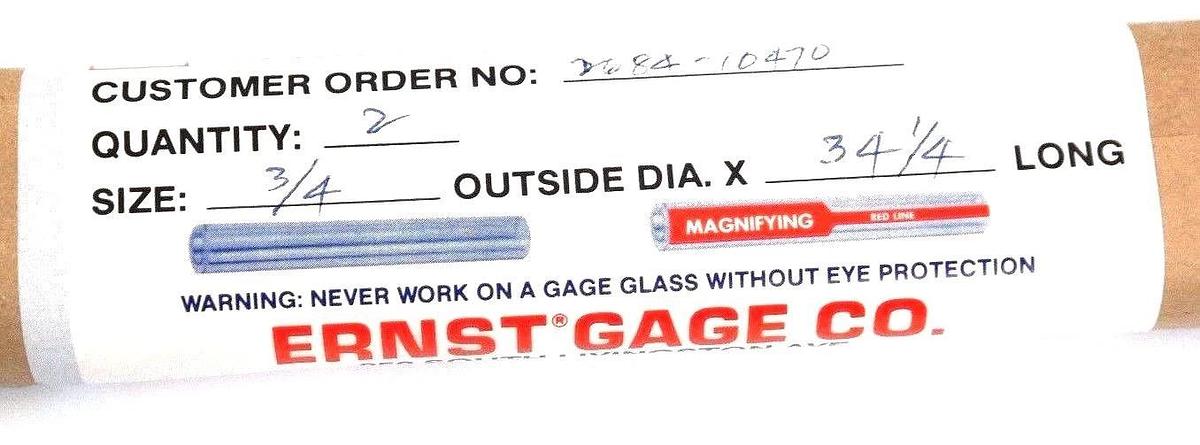 Used LOT OF 2 NEW ERNST GAGE 3/4" X 34-1/4" STANDARD CLEAR MASTER PYREX GAGE GLASSES