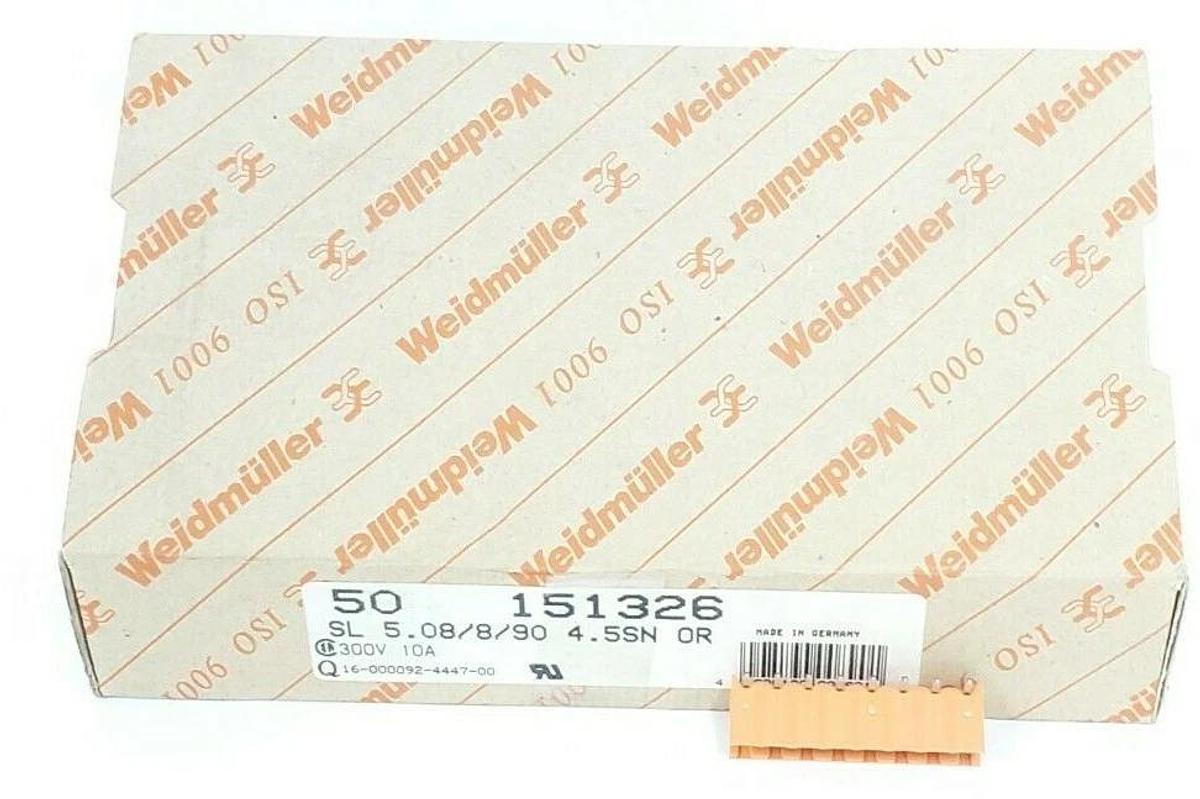 BOX OF 50 NEW WEIDMULLER 151326 CONNECTORS SL 5.08/8/90 4.5SN OR, 300V 10A