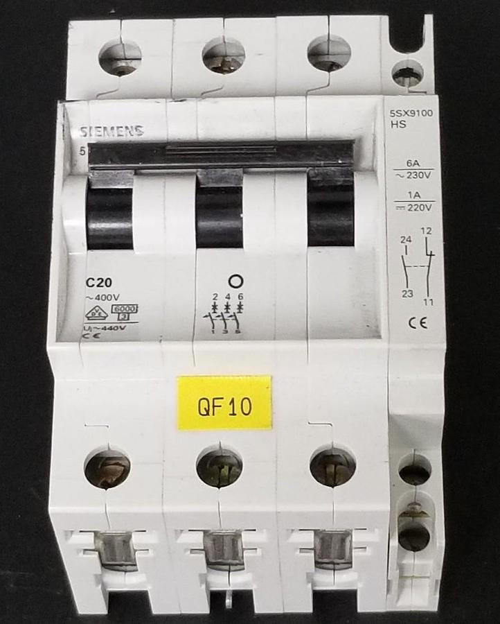 Used SIEMENS 5SX2C20 CIRCUIT BREAKER 400V, W/ 5SX9100-HS AUX. CONTACT BLOCK