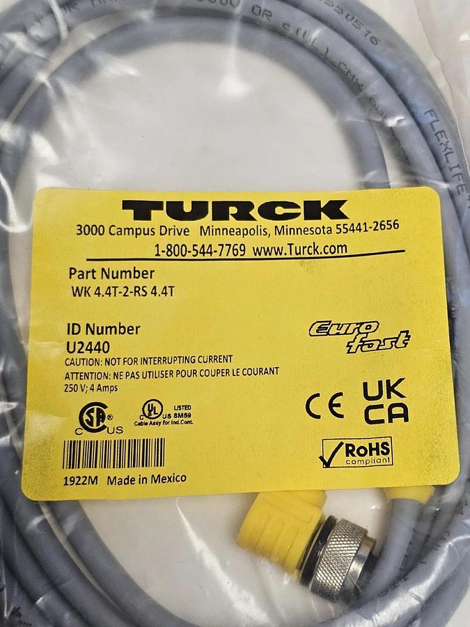 Used LOT OF 3 NEW TURCK WK 4.4T-2-RS 4.4T CORDSETS DOUBLE ENDED ID NUMBER: U2440