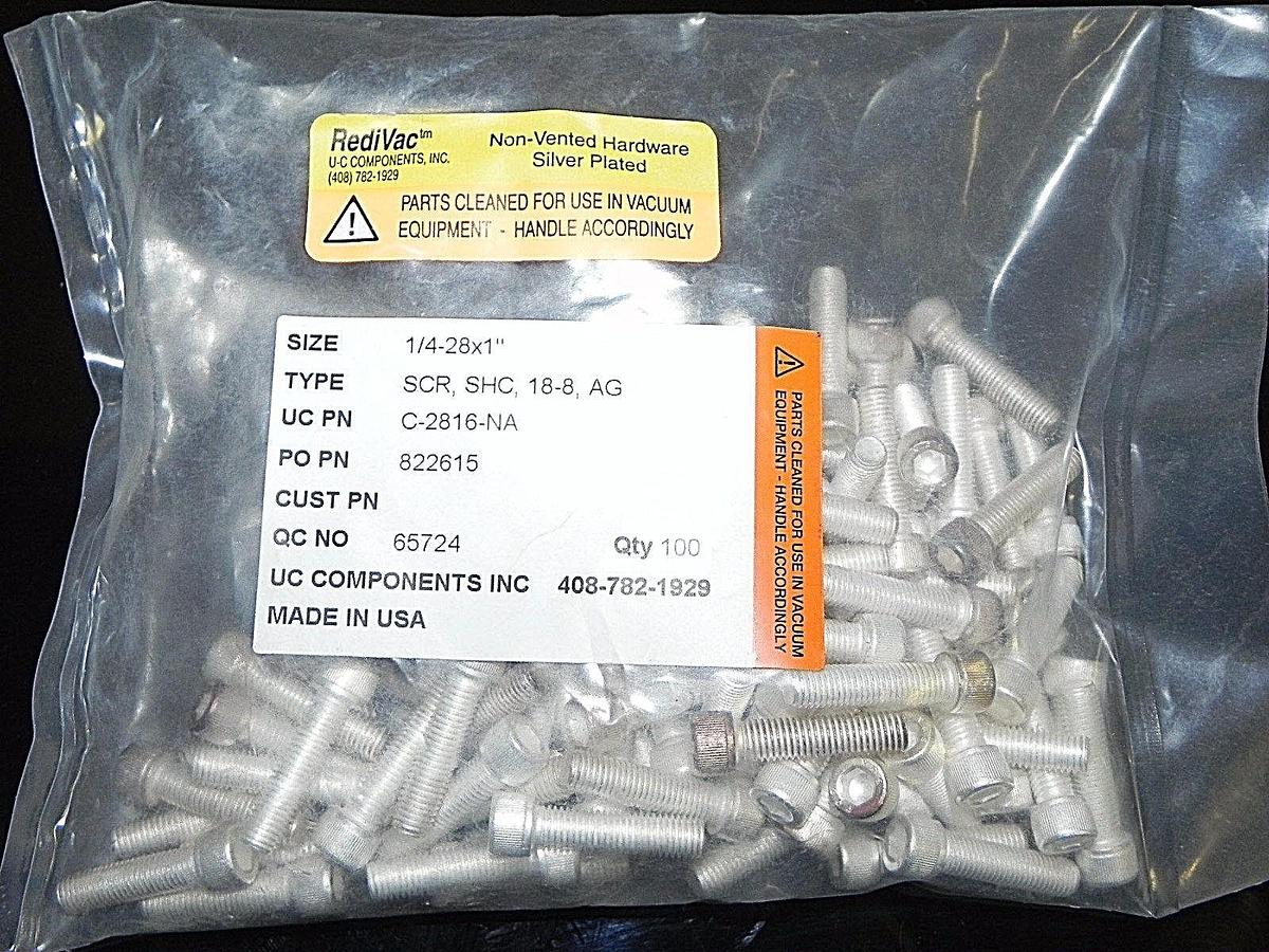 Used BAG OF 100 NON-VENTED SILVER PLATED SCREWS 1/4-28X1" HEX HEAD C-2816-NA REDIVAC