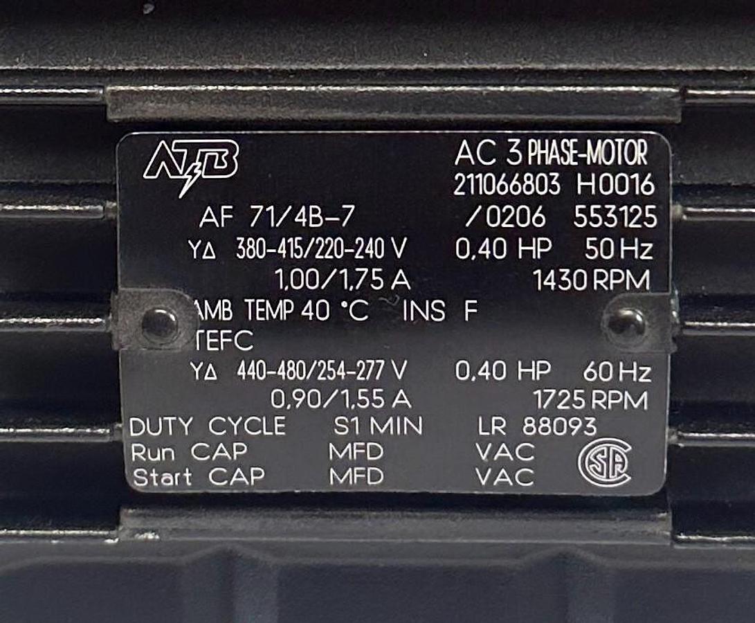 Used ATB AF 71/4B-7 / AF714B7 3-PHASE AC MOTOR 0.40HP 1725RPM MAX 480V MAX REPAIRED