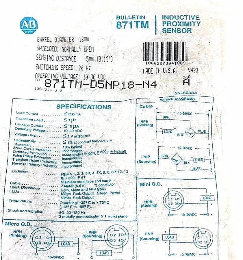 Used NIB ALLEN BRADLEY 871TM-D5NP18-N4 SER. A PROXIMITY SENSOR 871TMD5NP18N4