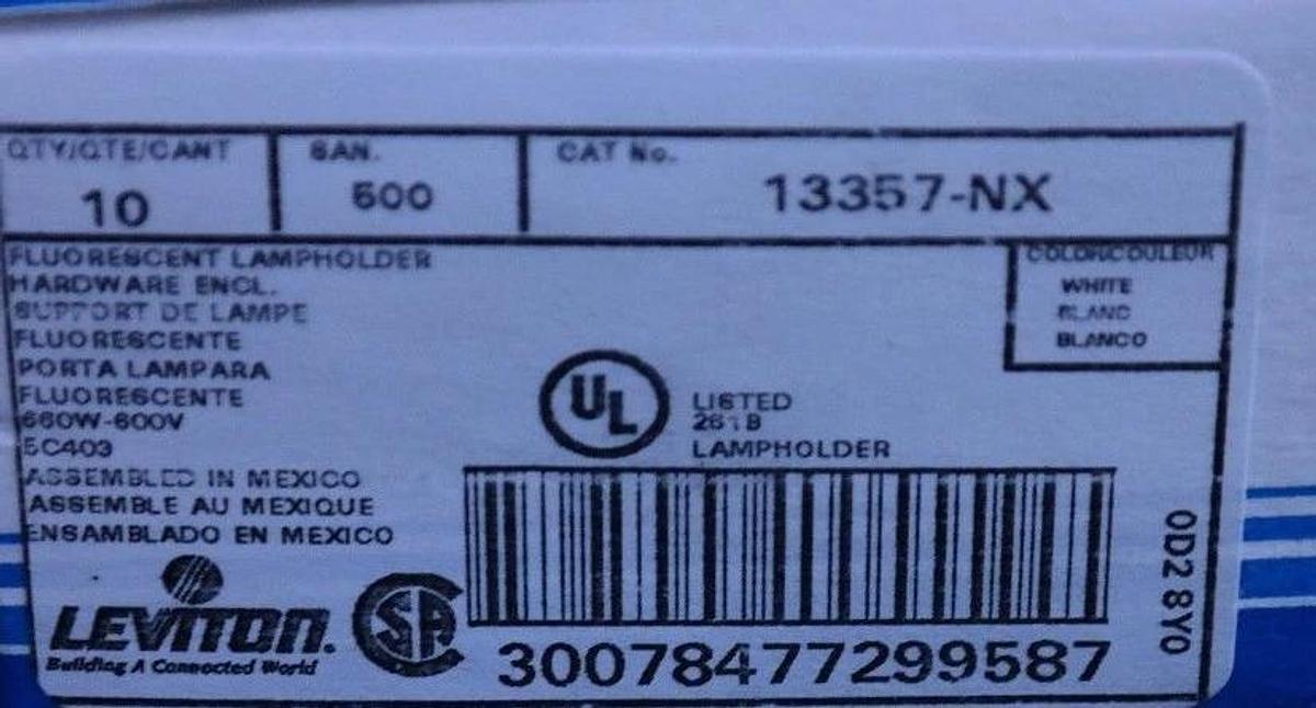 LOT OF 10 NEW LEVITON 13357-N FLUORESCENT LAMPHOLDERS 5C403
