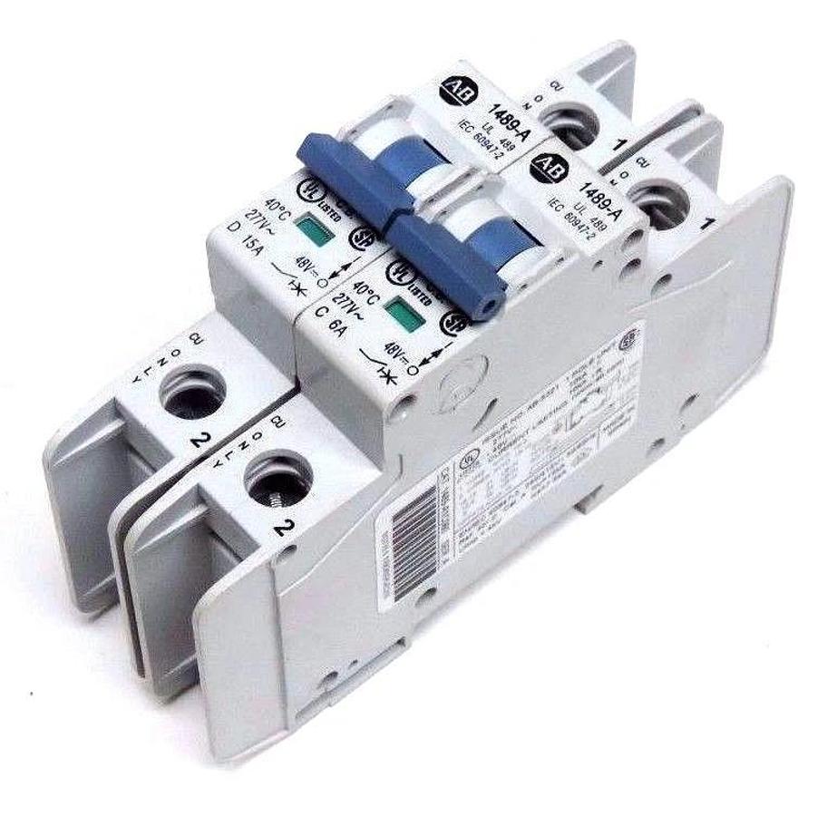 Used LOT OF 2 ALLEN BRADLEY CIRCUIT BREAKERS 1489-A15150 & 1489-A1C060 SER A, 277V
