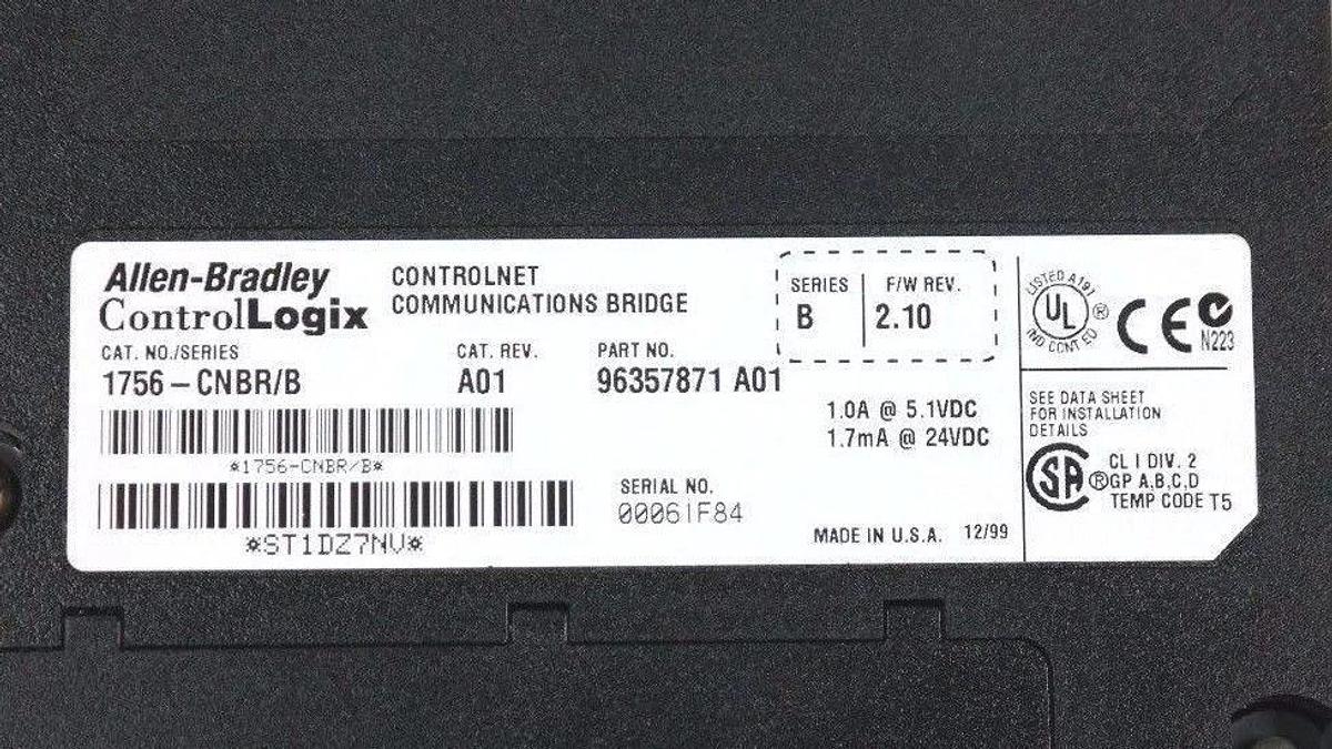Used ALLEN BRADLEY 1756-CNBR SER. B CONTROLNET MODULE CAT. REV. A01, F/W REV. 2.10