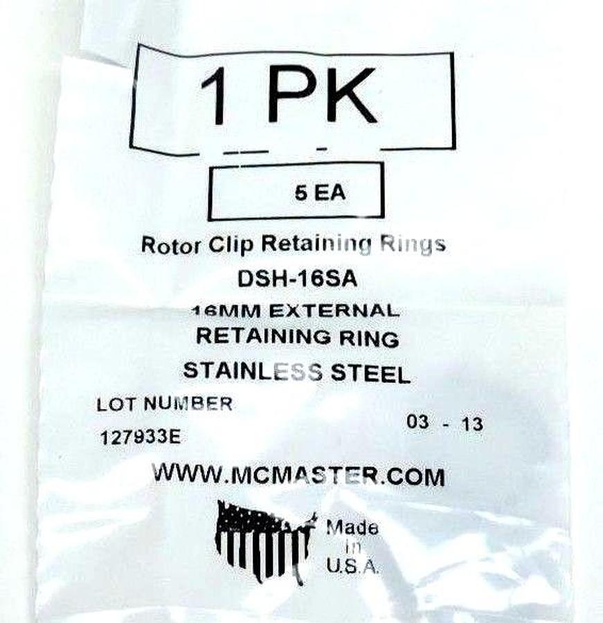 Used BAG OF 5 NEW MCMASTER DSH-16SA MOTOR CLIP RETAINING RINGS 16MM DSH16SA