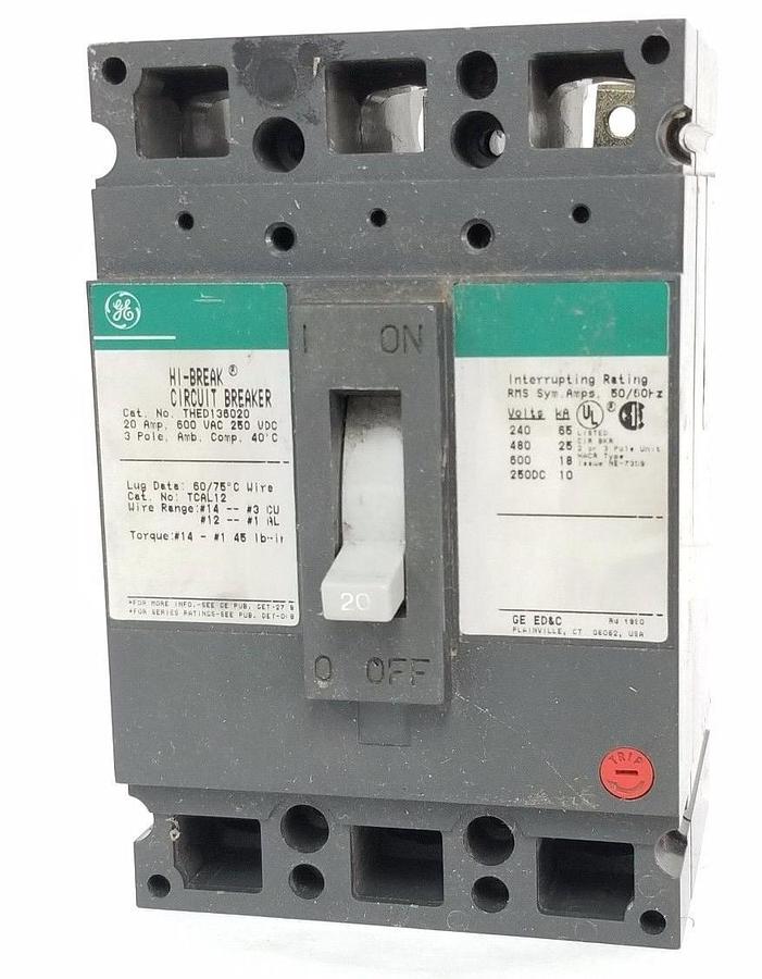 Used GENERAL ELECTRIC THED136020 HI BREAK CIRCUIT BREAKER 20 AMP, 600VAC, 3 POLE