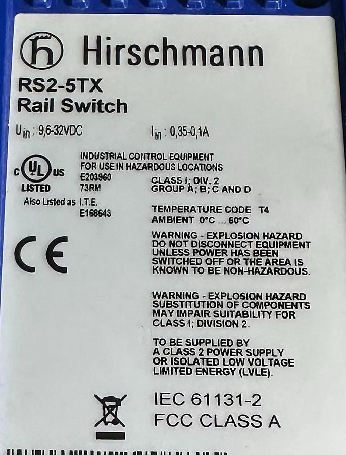Used HIRSCHMANN RS2-5TX / RS25TX INDUSTRIAL ETHERNET RAIL SWITCH 5-PORT 32VDC