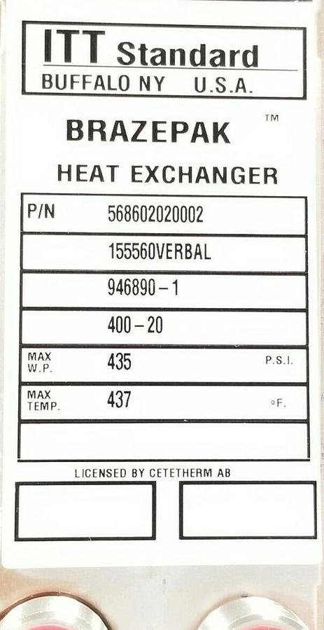 NEW ITT STANDARD 568602020002 BRAZEPAK HEAT EXCHANGER 155560VERBAL 946890-1