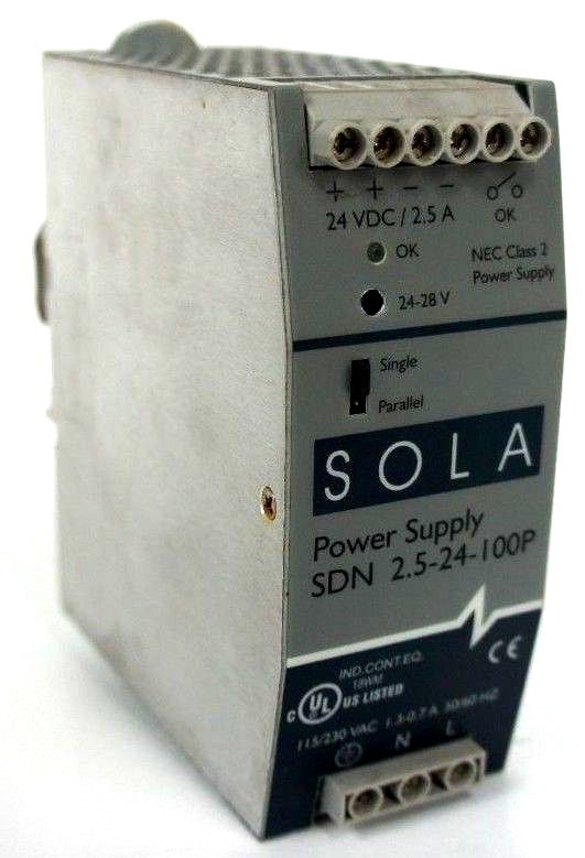 Used SOLA ELECTRIC SDN-2.5-24-100P POWER SUPPLY 24VDC 2.5AMP SDN2524100P