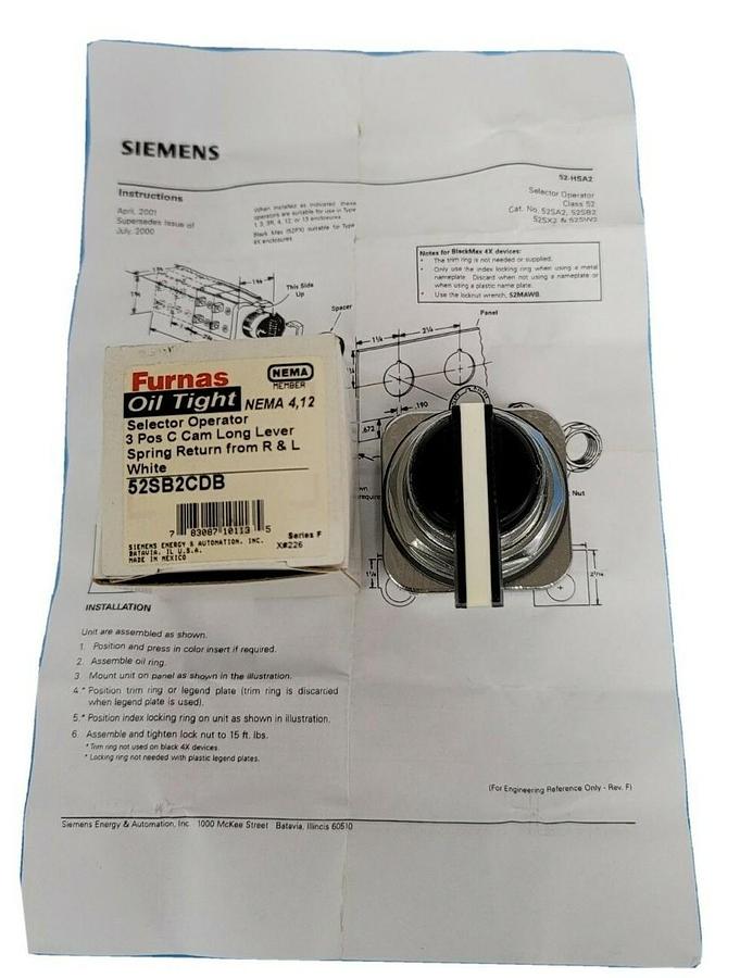 NIB FURNAS 52SB2CDB OIL TIGHT SELECTOR OPERATOR 3-POS. C CAM LONG LEVER