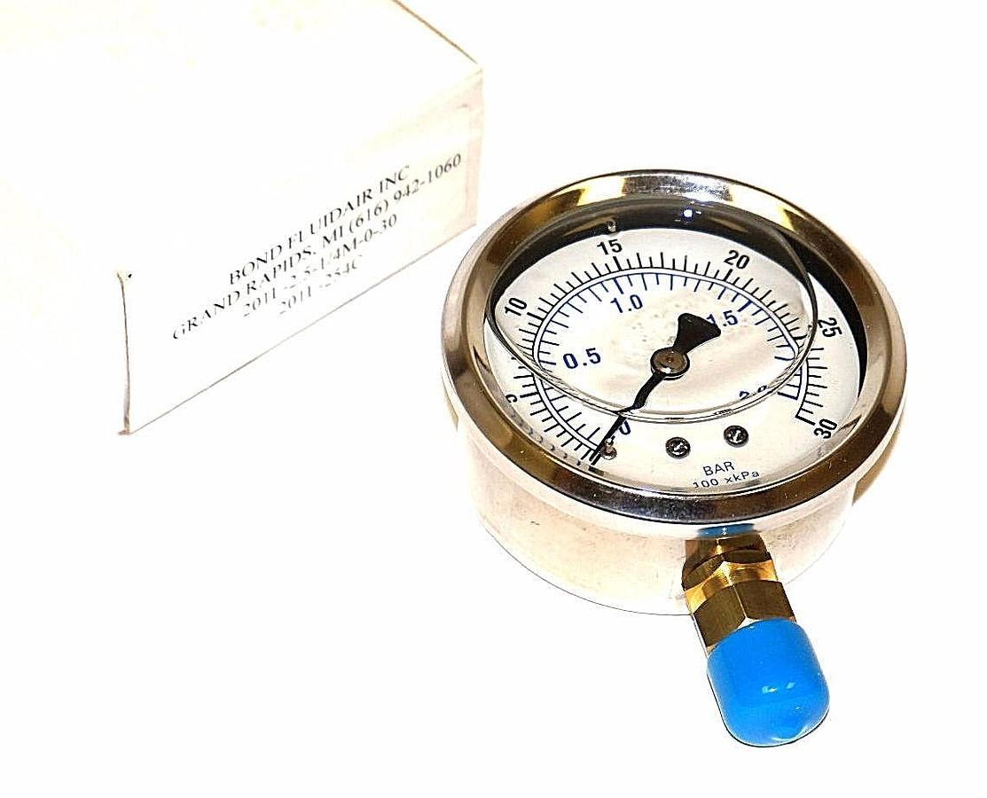Used NIB BOND FLUIDAIR 201L-2.5-1/4M-0-30 PRESSURE GAUGE 2 1/2'' LIQUID FILLED