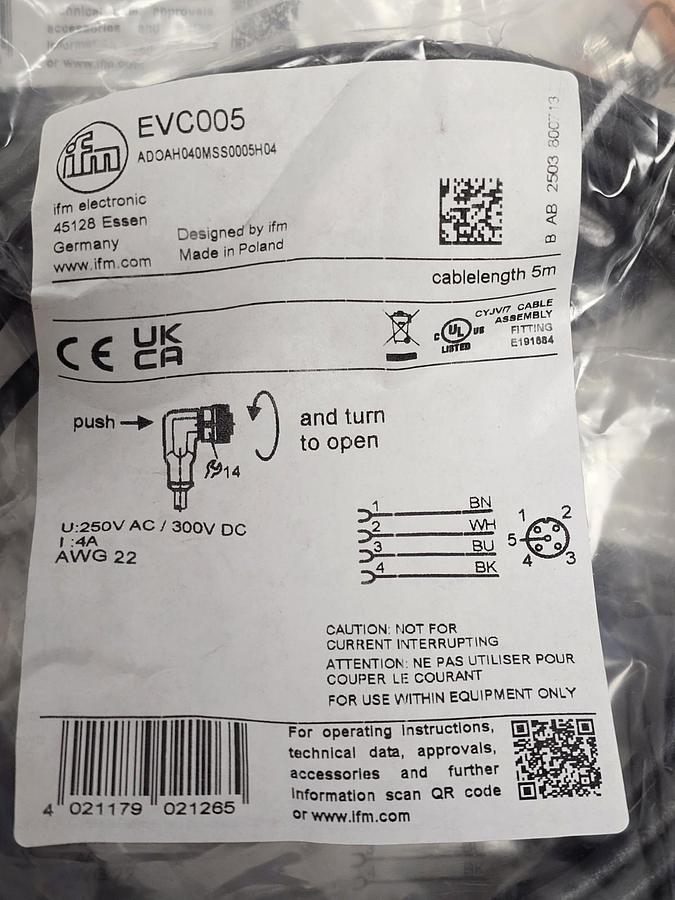 LOT OF 3 NEW IFM ADOAH040MSS0005H04 / EVC005 CONNECTING CABLES 5M CABLE LENGTH