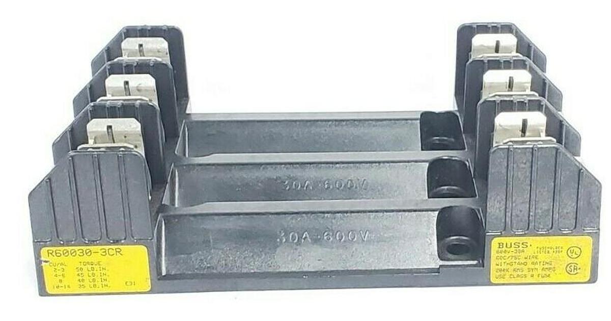 Used COOPER BUSSMANN R60030-3CR FUSE BLOCK 30AMP 3POLE 600VAC, R600303CR