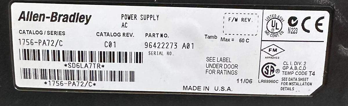 Used ALLEN BRADLEY 1756-PA72 /C ControlLogix AC POWER SUPPLY W/ 1756-A7 /C CHASSIS