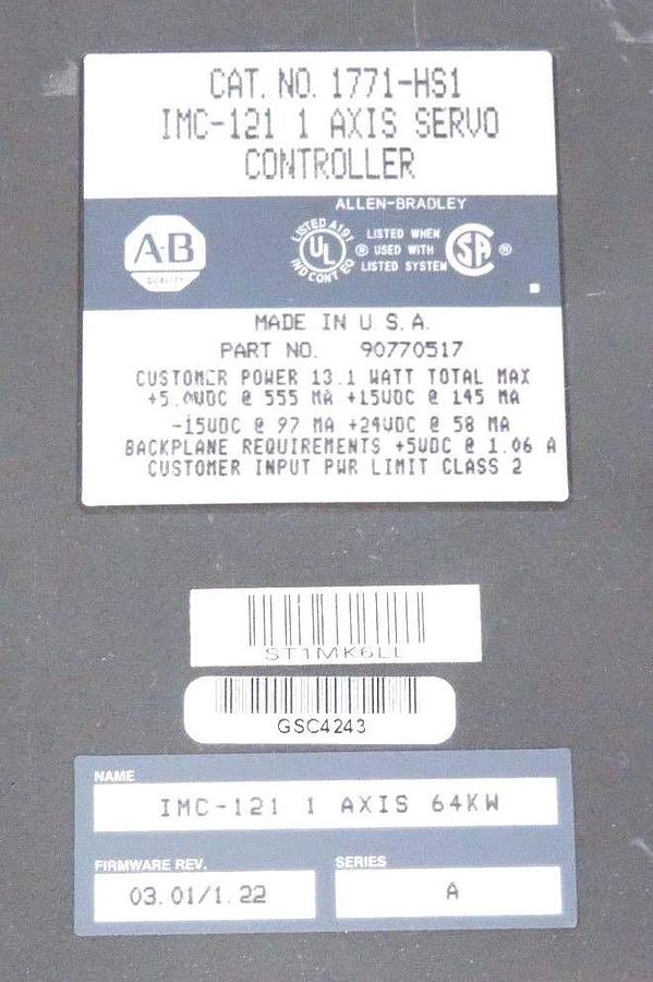 Used ALLEN BRADLEY 1771-HS1 IMC-121 SER. A, 1 AXIS SERVO CONTROLLER P/N: 90770516